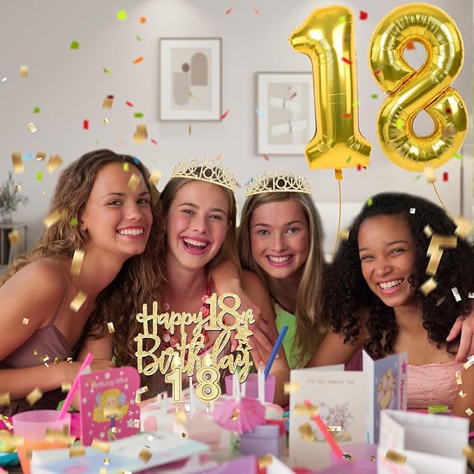 18th Birthday Decorations for Girls Gold with 18th Birthday Tiara and Sash, Cake Topper andCandles, Number Balloons, 18 Year Old Gifts for Girls