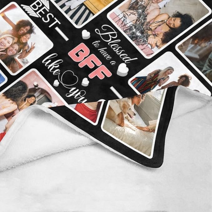 Custom Blanket Gifts for BFF, Customized Blankets with Photos, Make a Personalized Bed Throws to My BFF, Custom Souvenir Throw Blanket for Best BFF Ever, 8 Collages Made in USA