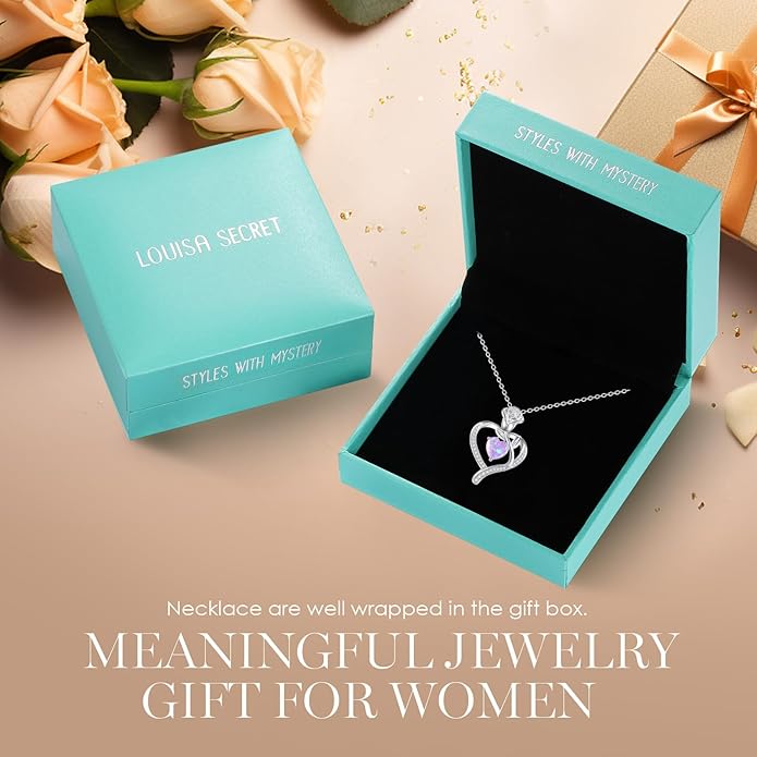 LOUISA SECRET Rose Flower Heart Birthstone Necklaces for Women, 925 Sterling Silver Fine Jewelry, Pendant Heart Necklaces Birthday Anniversary Christmas Gift for Women Wife Mom Girlfriend Lady