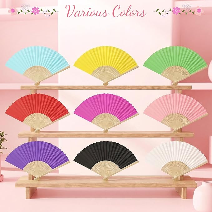 50 Pieces Paper Fans Paper Hand Fan Bamboo Folding Fan Handheld Fan Paper Folded Fan Paper Fan for Wedding Party and Home Decoration (Hot Pink)