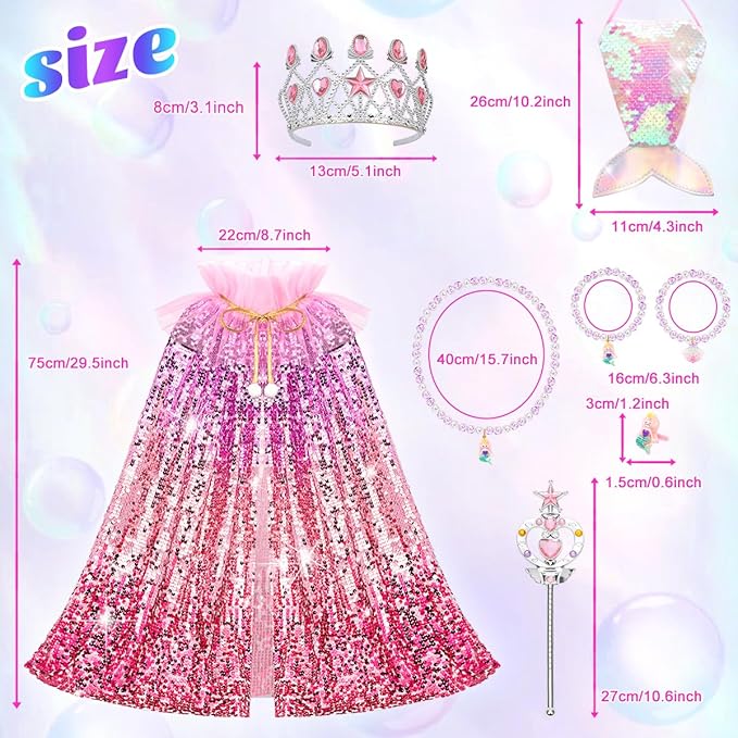 Meland Princess Dress Up for Girls 3-8, 11Pcs Mermaid Cape with Crown, Dress Up Clothes Birthday Gift Toys for Girls Toddlers
