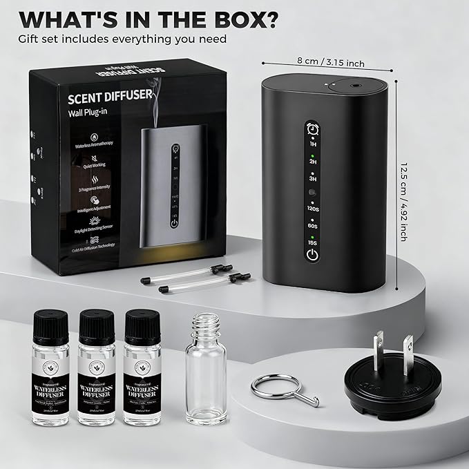 Smart Plug-in Scent Diffuser Set, Waterless Scent Diffusers Home, Cold Air Mist, Timer Control, and 3 Mist Intensity Settings, Suitable for Home, Office, and Small Spaces,Black