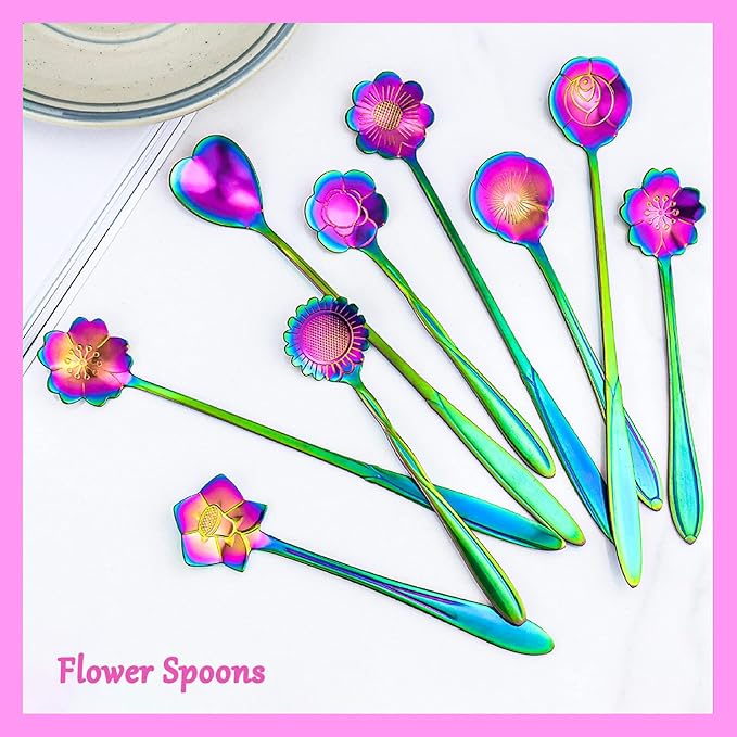 9 PCS Rainbow Flower Spoon Set, 2 Different Size Stainless Steel Reusable Teaspoons for Drink Mixing Milkshake Jam