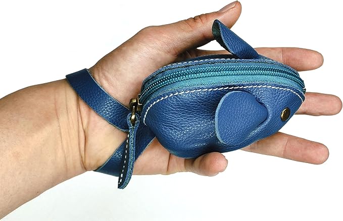Genuine Leather Mouse Coin Purse Wallet, Womens Change Purse with Zipper, Cute Soft Leather Coin Pouch Mini Size (Blue)