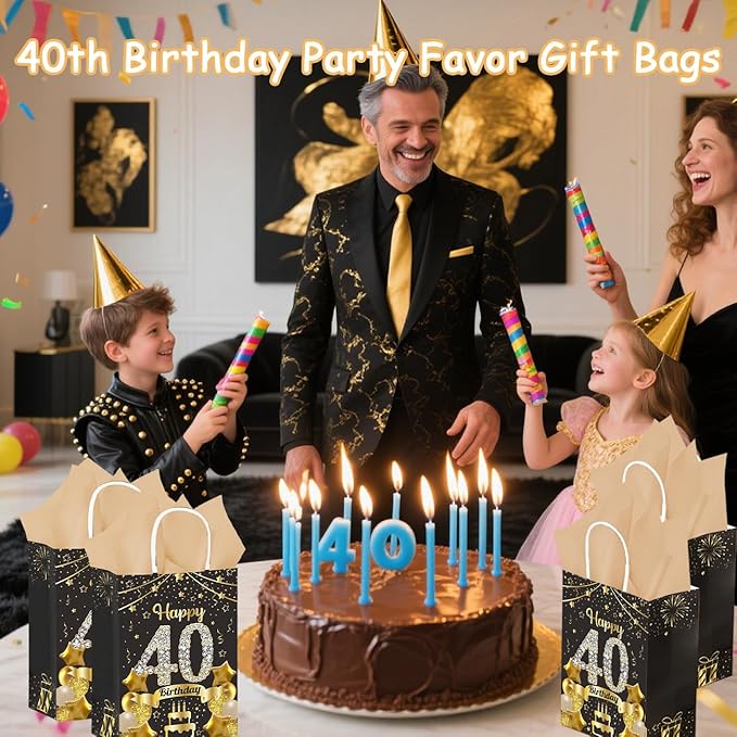 50Pcs 40th Birthday Party Favors Gift Bags Bulk, Black and Gold Happy 40th Gift Candy Wrap Bags with Tissue Paper, Vintage 40th Birthday Decorations Souvenir Bag for Men Women Anniversary Supplies (40th)