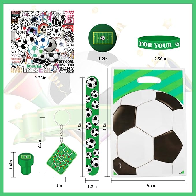 Soccer Party Favors 244 Pcs Soccer Birthday Party Decorations With Goodie Bags Wristbands Stickers Keychains Stamps Slap Bracelets Badges for Soccer Party Supplies (Soccer)