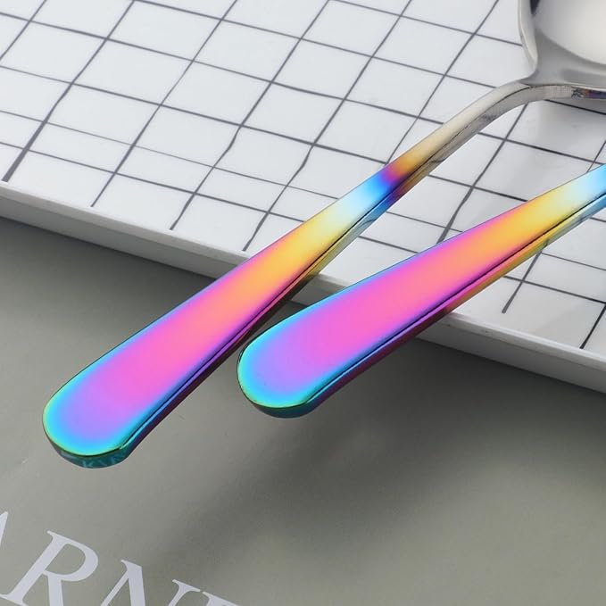 Buyer Star 8 Pieces Stainless Steel Round Soup Spoon, 6.3 Inch Mirror Polished Spoon Cutlery, Dishwasher Safe (Gradual Rainbow)