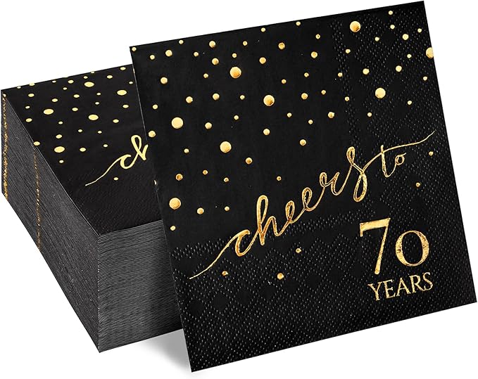 100 Pack of 70th Birthday Napkins, Cheers to 70 Cocktail 5x5 Inches Party Paper Napkins for Birthday Decorations Wedding Anniversary Black and Gold, 3-Ply