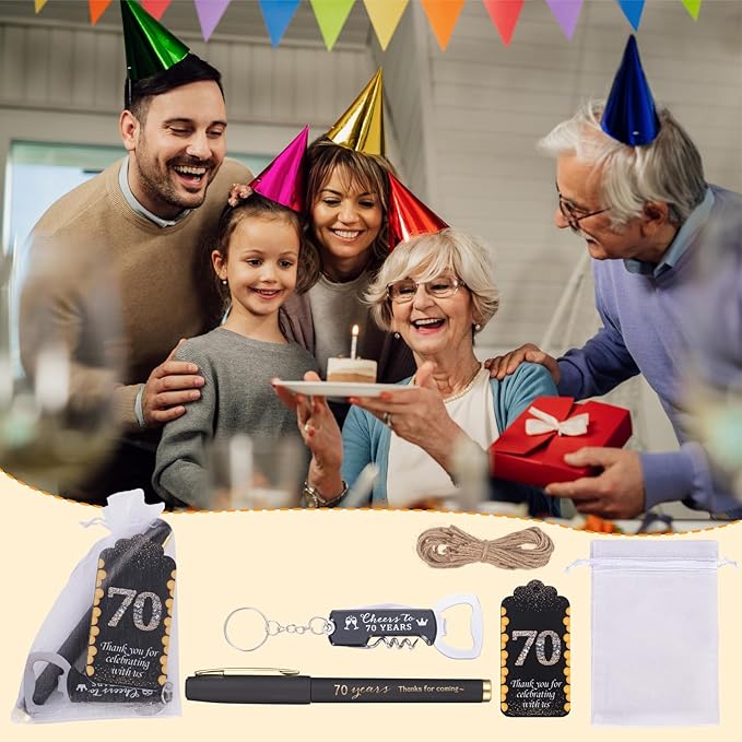 25sets 70th Birthday Party Favors for Guests Including Pens Bottle Opener Keychains Bulk Thank You Cards with Organza Gift Bags for Birthday Anniversary Souvenirs, Cheers to 70 Years