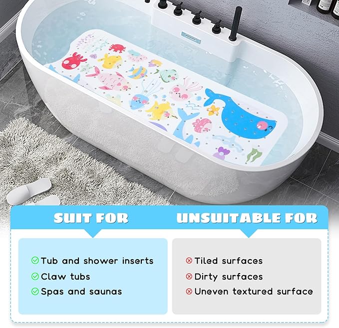Baby Bath Mat for Tub Non Slip Kids Bathtub Mat Extra Long 40X16 Inch Toddler Bath Tub Shower Mat Anti Slip with Suction Cups & Drain Holes, Machine Washable (Sea Fish)