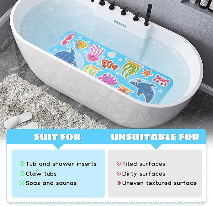 Baby Bath Mat for Tub Non Slip Kids Bathtub Mat Extra Long 40X16 Inch Toddler Bath Tub Shower Mat Anti Slip with Suction Cups & Drain Holes, Machine Washable (Whale Shark)