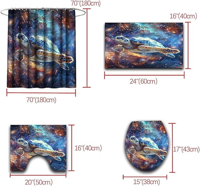 4 Pcs Turtle Shower Curtains for Bathroom Kids Shower Curtain Set Sea Turtle Shower Curtain for Room Turtle Bathroom Accessories with Rug,Toilet Cover and Bath Mat
