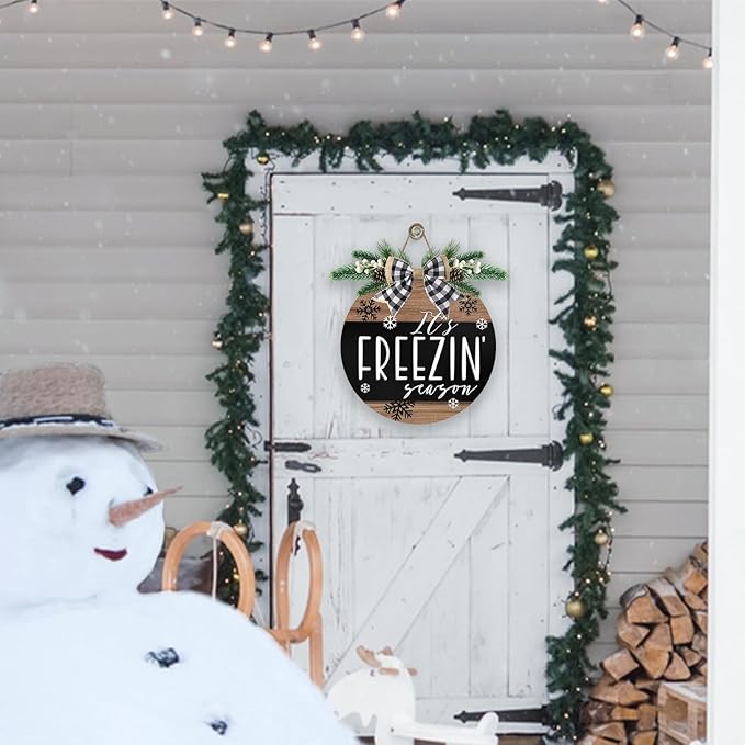 Deroro Winter It's Freezin Season Front Door Sign, Farmhouse Rustic Snowflake Wood Door Hanger Outdoor Outside Porch Decor, Christmas Wooden Wreath with Checkered Bow Indoor Wall Hanging Decoration