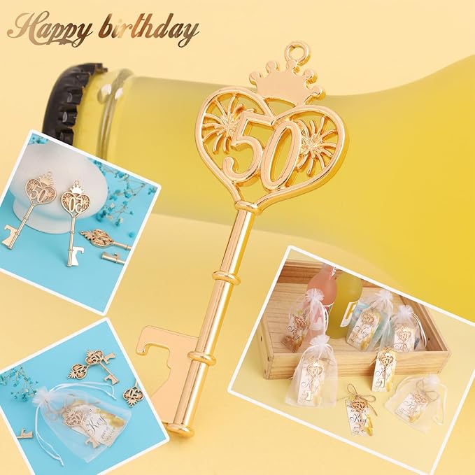 24 Sets 50 Birthday Party Favors Key Bottle Opener, 50th Beer Opener Keychain Favors for Guest with Organza Bags and Tags,Beer Keychain Bottle Openers for Birthday Party Decoration Supplies (Gold-50)