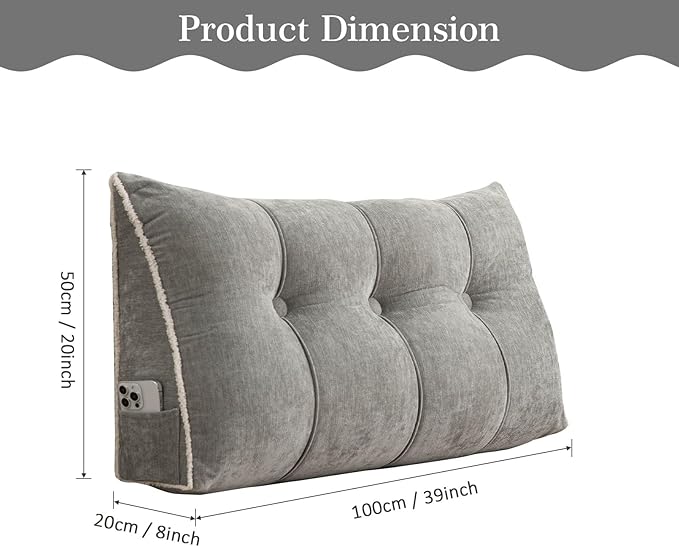 Headboard Pillow Twin, Chenille Triangular Wedge Pillow Headboard Twin Size, Reading Setting Backrest Daybed Pillows for Bed Sofa with Removable Coverr, Grey