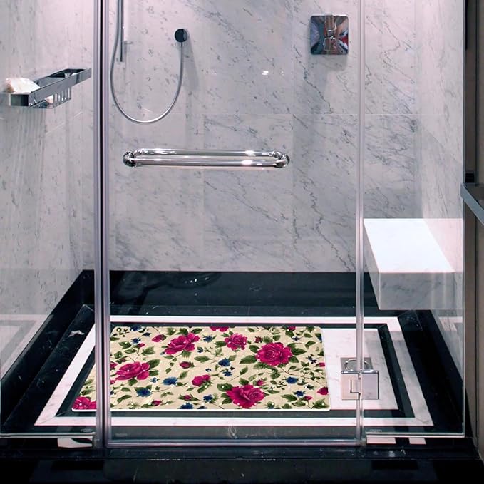 Small Cute Flowers on Beige Baskground Bath Tub and Shower Mats, Non Slip Bathmat with Drain Holes and Suction Cups for Bathroom Floor, 15.1 x 26.8 Inch