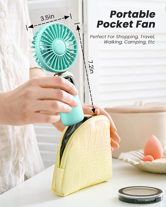 coldSky Portable Handheld Fan, 4000mAh Battery Operated Fan with LED Display, Handheld/Neck/Desk 3 in 1 Personal Small Fans, 90ยฐ Foldable Desk Fan with Base, 5 Speed Makeup Lash Fan for Women Green