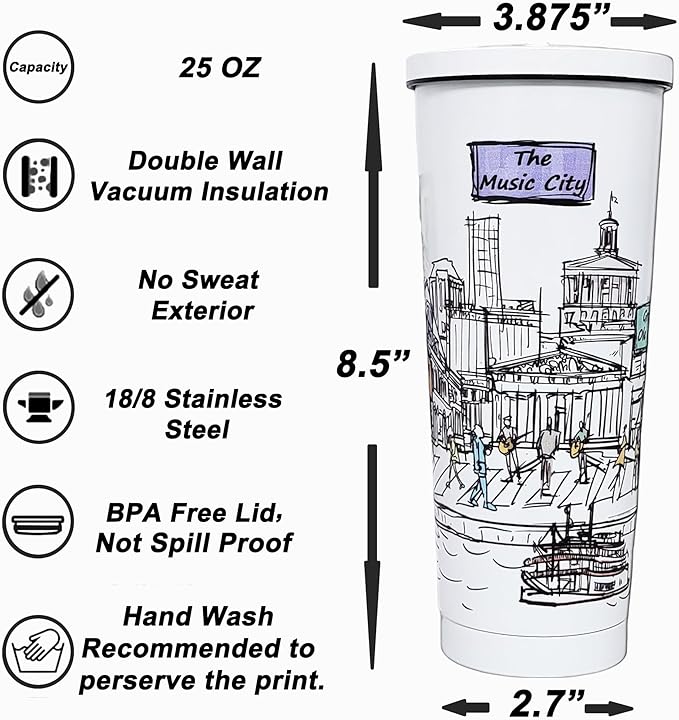 Cities Around the World 25 Oz Tumbler Series- Designed in the USA- Vacuum Insulated Tumbler with Lids Straw - Stainless Steel Coffee Water Travel Mug, Cup for Hot Cold Drink (Nashville)