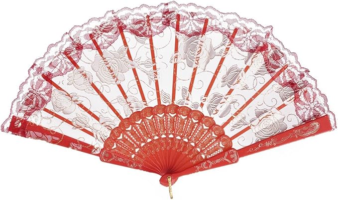 QIRMIZI 10 Pcs Rose Lace Folding Fans,Silk Folding Hand Fans, Perfect for Weddings, Parties, and Dancing,Red