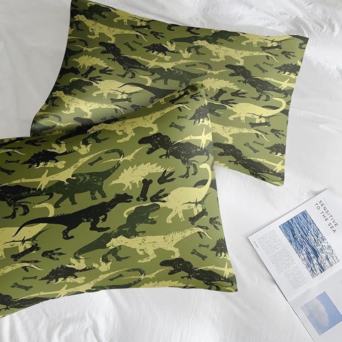 Comforter Set Full Size, Camouflage Dino Dinosaur 7 Pcs Bedding for Kids and Adults, Cute Funny Green Bed Sheet Sets with Fitted Sheet 2 Pillowcases & 2 Shams for Bedroom Bed Decor