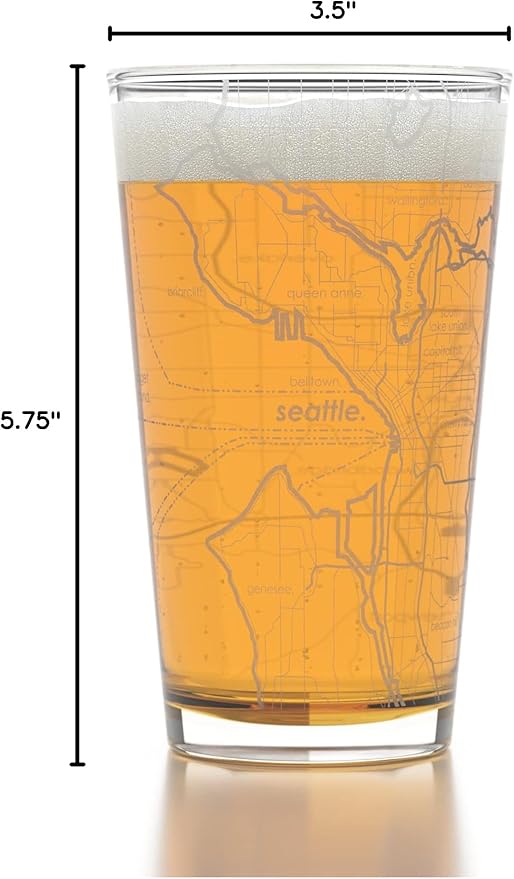 Well Told Engraved Seattle Washington Map Pint Glass, Etched Beer Gift (16 oz, Clear) City Map Pint, Custom City Glassware, Gifts For Beer Lovers