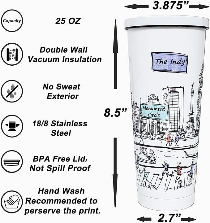 Cities Around the World 25 Oz Tumbler Series - Designed in the USA - Vacuum Insulated Tumbler with Lids & Straw - Stainless Steel Coffee Water Travel Mug, for Hot Cold Drink (Indianapolis)