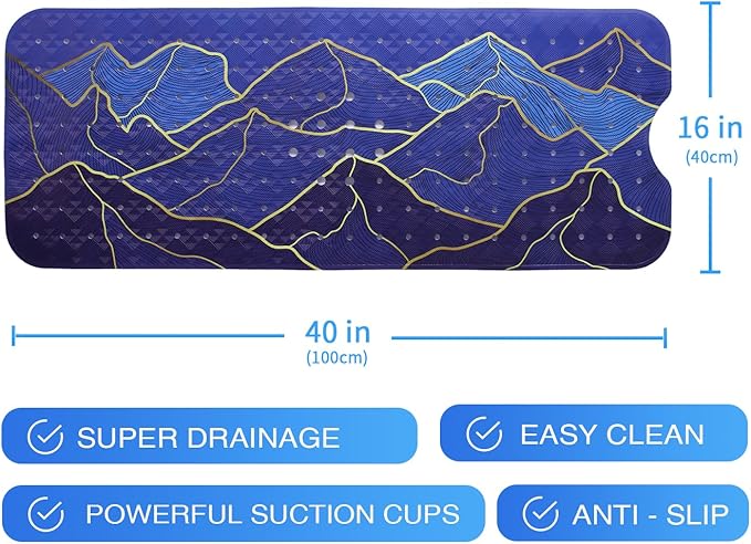 Mountain Bathtub Mat Non Slip 40x16in Gold Line Extra Long Bath Mat for Tub Bohemian Abstract Art Anti Slip Shower Mat for Bathroom with Large Drain Holes and Suction Cups Quality Bath Mats Decor