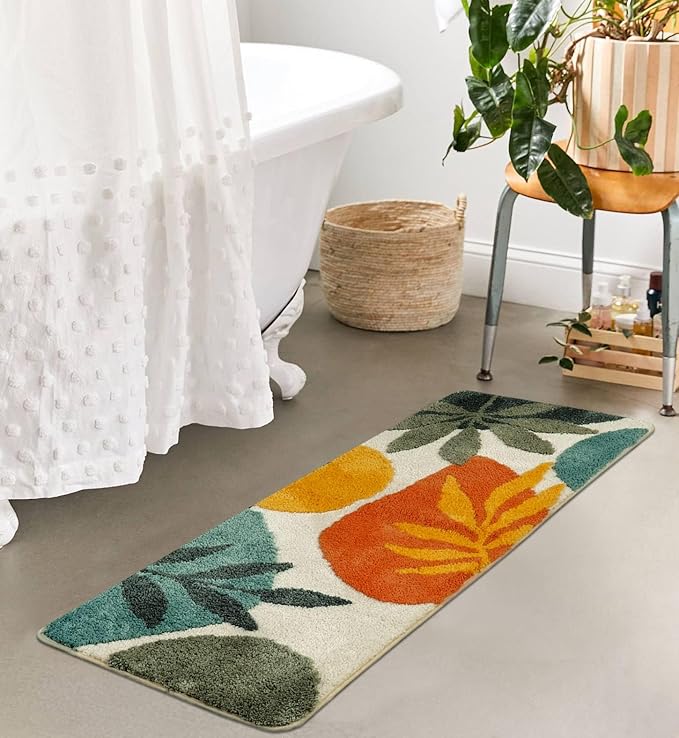 Uphome Bathroom Runner Rug Colorful Abstract Leaves Long Bath Mat Non Slip Water Absorbent Boho Bath Rug Soft Microfiber Machine Washable Floor Mats for Tub Bathroom Indoor Doormat,18"x47"