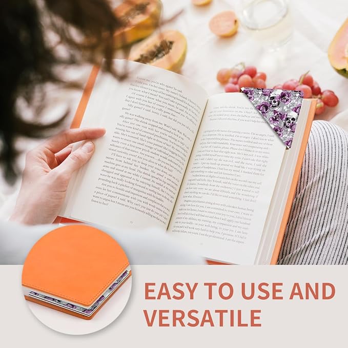 Cute Leather Bookmarks, Fun Triangle Making Corner Bookmark, Book Accessories for Reading Book Lovers, Unbreakable Page Markers for Women Men Cool Skull Flowers