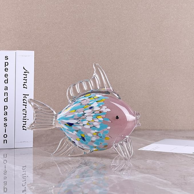 Large Glass Fish Figurine for Home Decor, Hand Blown Art Glass Ocean Animal Statue, Decorative Coastal and Beach Themed Sculpture for Table, Shelf, Bathroom, Living Room or Office