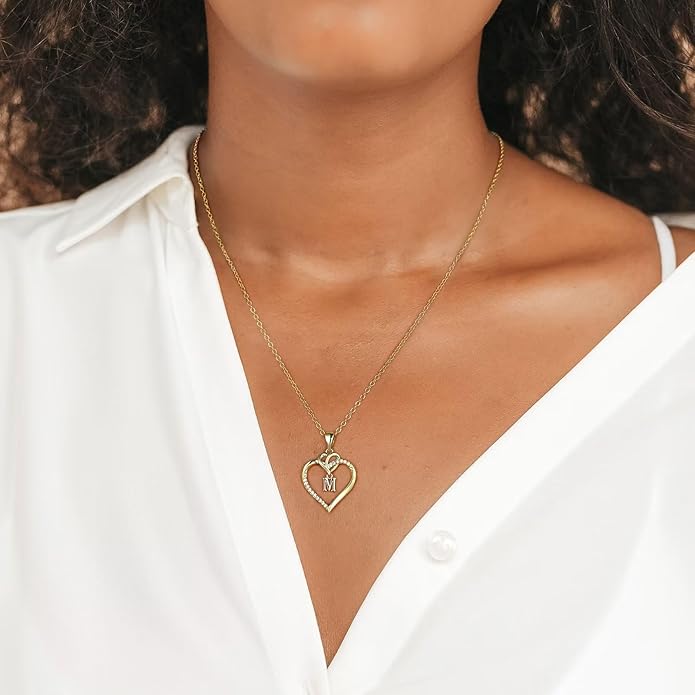 STORUP Valentines Gifts for Women Teen Girls - Heart Initial Necklaces for Women Girls, 14K-Gold-Plated CZ Initial A-Z Heart Necklaces for Teen Girl Jewelry Valentines Gifts for Her Mom Wife Sister