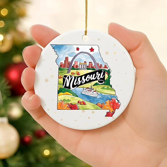 USA State Landmark Ceramic Ornament β Round Glossy Christmas Decoration Featuring U.S. State Art, Landmarks & Holiday Scenery β Collectible Travel Souvenir Ornament Series (Missouri)