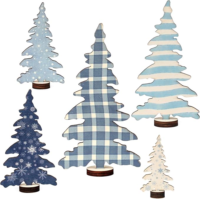 5 Pcs Wooden Christmas Tree Tabletop Decorations, Winter Tiered Tray Decor for Table Shelf Mantel Office, Small Christmas Tree for Farmhouse Table Decor