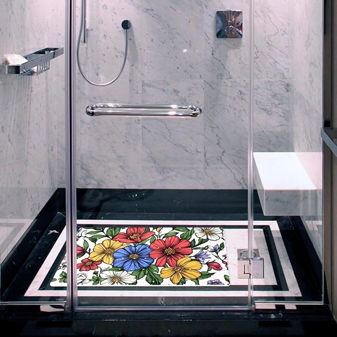 Spring Garden Flowers Leaves and Wild Flowers Bath Tub and Shower Mats, Non Slip Bathmat with Drain Holes and Suction Cups for Bathroom Floor, 15.1 x 26.8 Inch