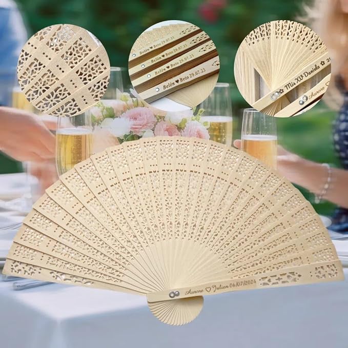 50Pcs Personalized Sandalwood Wedding Fans -Custom Elegant Handheld Fans for Brides, Grooms, and Guests - Perfect Wedding Favors and Decor (with Organza Bags)