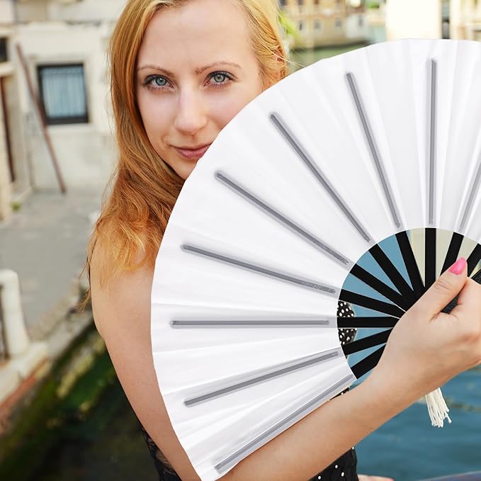 Blulu 4 Pcs 13 Inch Large Folding Hand Fans for Line Dancing Big Clapping Popping Raves Fans Bulk for Dancing Boots on The Ground Festival Party Decoration(Classic Style, White)