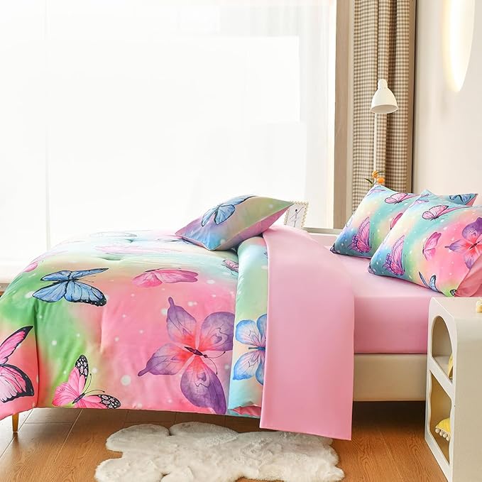 6 Pcs Bed in A Bag Full Comforter Set for Girls,Pink Butterfly Bedding,Butterfly Comforter Sets with Sheets for Kids Teens