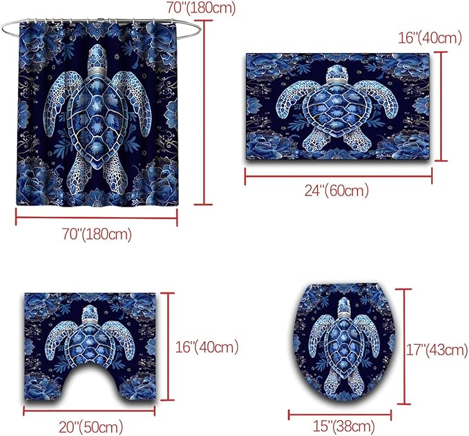 4 Pcs Sea Turtle Shower Curtain - Cartoon Animal Shower Curtain Ocean Theme Curtain with Rug,Toilet Cover and Bath Mat with 12 Hooks