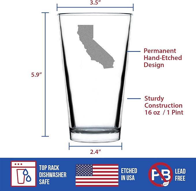Custom California State Outline Pint Glass for Beer - State Themed Drinking Decor and Gifts for Californian Women & Men - 16 Oz Glasses