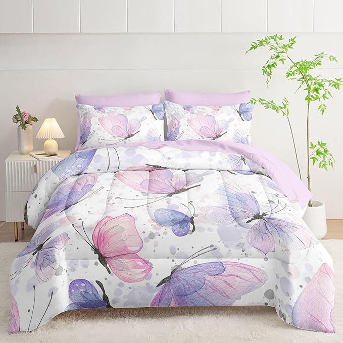 7Pcs Comforter Set Butterflies Printed Bedding Set with 1 Comforter, 1 Flat Sheet, 1 Fitted Sheet and 4 Pillowcases for Boys and Girls Bedroom All Season(Butterflies-2 Full)