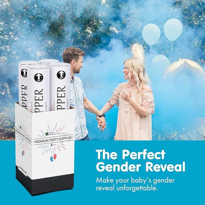 Clover Products Gender Reveal Confetti Poppers – Biodegradable Powder cannon - Blue, 4 Pack - Baby Boy Smoke Bombs - Powder Cannon Party Poppers Blue Party Supplies- Includes FREE “It’s a Boy” Balloon