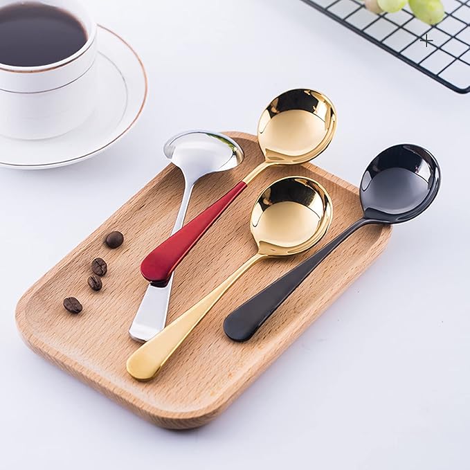 Metal Soup Spoons,Stainless Steel Spoons for Soup Round Colorful Dinner Spoons Thick Short handle Table Spoon 6.3-Inch, Set of 6 (Black)