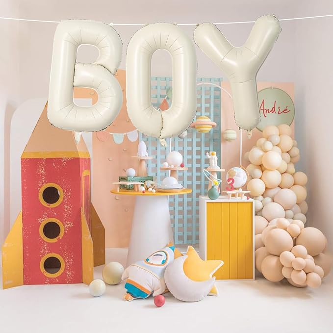 40 Inch Beige BOY Balloons, Large Cream White Sand BOY Balloon Letters with Ribbon, Ivory Alphabet Boy Balloon for Him Birthday Baby Boys Shower Boy or Girl Gender Reveal Party Decorations Supplies