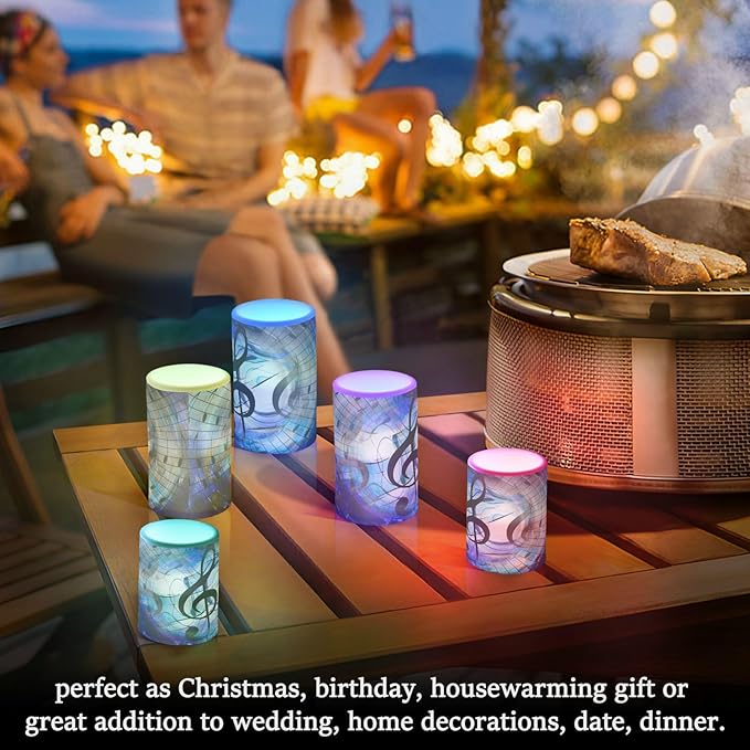 Music Notes and Clef in Space with Stars Flickering Flameless Candles Battery Operated with Remote Timer,Tea Light Candles LED Pillar Votive Candles Set of 2 for Outdoor Indoor Decorations