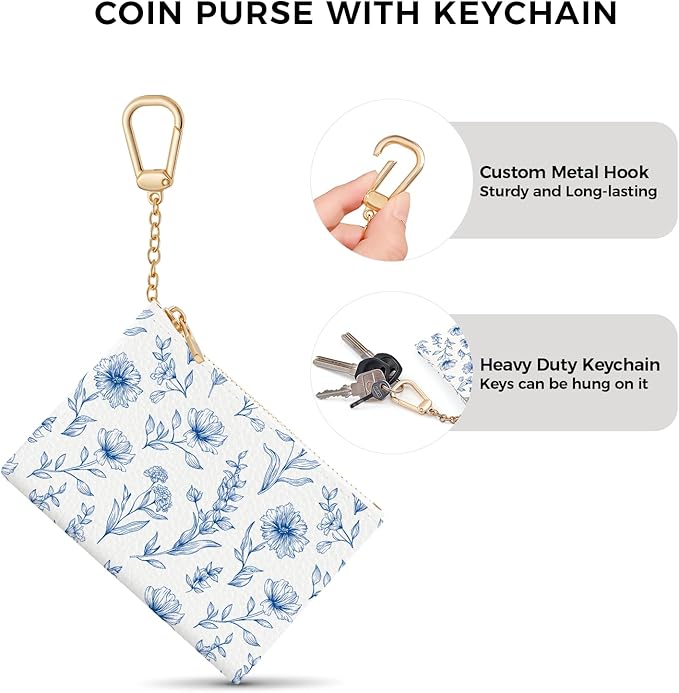 Blue Flower Keychain Coin Purse for Women, Abstract Small PU Leather Change Pouch, Zipper Little Tiny Travel Wallet for Girls, Cute Kawaii Zip Pocket Coin Holder with Key Ring