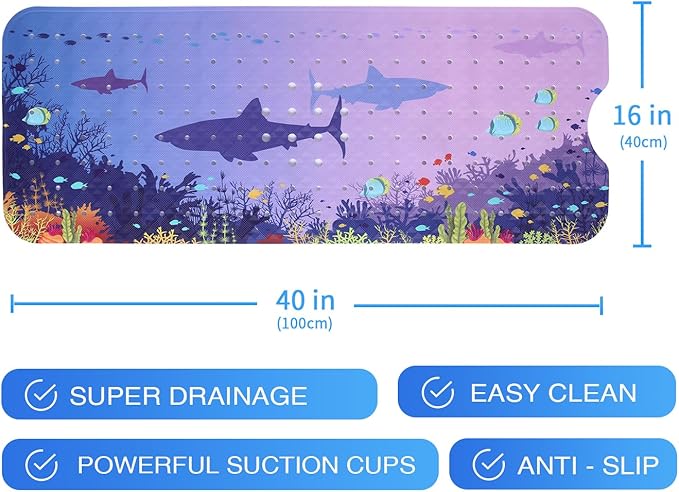 Blue Sea Bathtub Mat Non Slip for Kids 40x16in Extra Long Shark Ocean Whale Tropical Fish Anti Slip Shower Mat for Bathroom with Large Drain Holes and Suction Cups Quality Bath Mats and Bathtub Decor