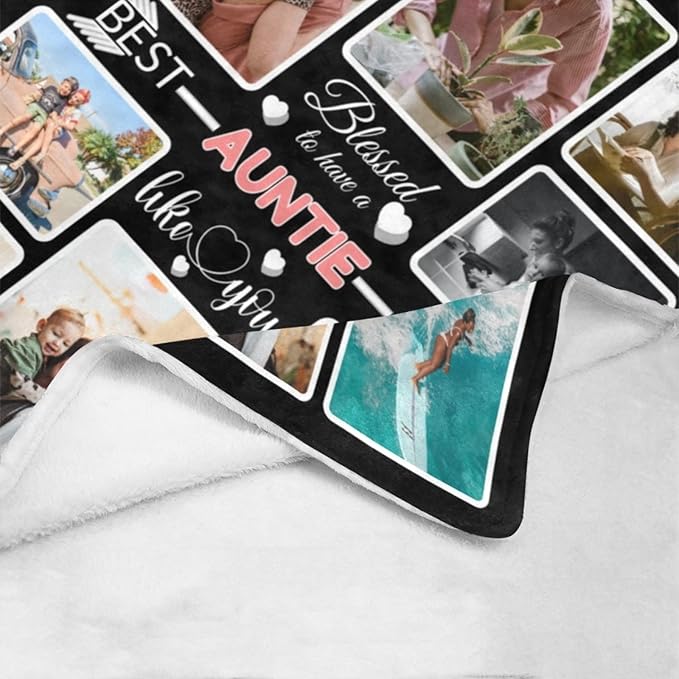 Custom Blanket Gifts with Photos, Personalized Bed Throws for Aunt, Custom Souvenir Throw Blanket for Best Aunt Ever, 8 Collages Made in USA