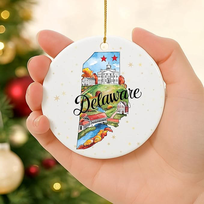 USA State Landmark Ceramic Ornament β Round Glossy Christmas Decoration Featuring U.S. State Art, Landmarks & Holiday Scenery β Collectible Travel Souvenir Ornament Series (Delaware)
