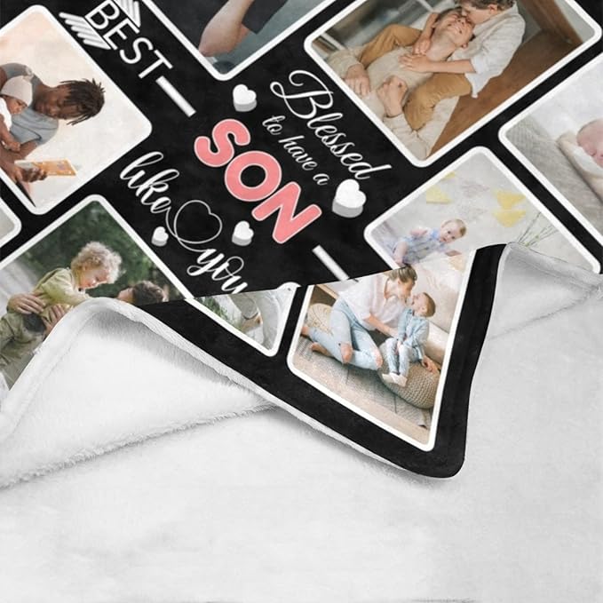Custom Blanket Gifts for Son, Customized Blankets with Photos, Make a Personalized Bed Throws to My Son, Custom Souvenir Throw Blanket for Best Son Ever, 8 Collages Made in USA