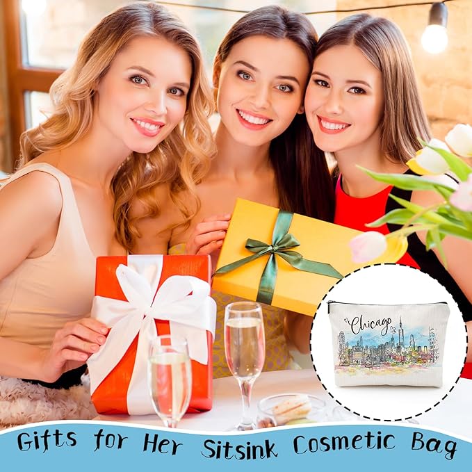 Chicago Souvenirs Travel Essentials - Watercolor Chicago City Gifts for Woman, American Souvenirs Gift Makeup Bag for Purse, Travel Essentials Makeup Bags, Homewarming Birthday Gifts